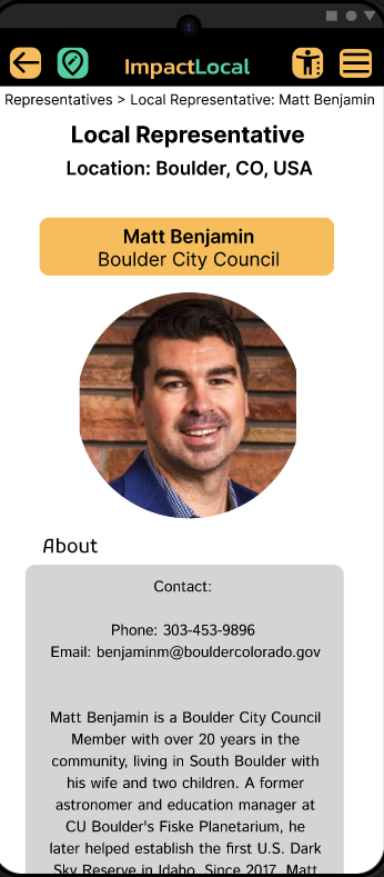 mobile mockup local representative Matt Benjamin page